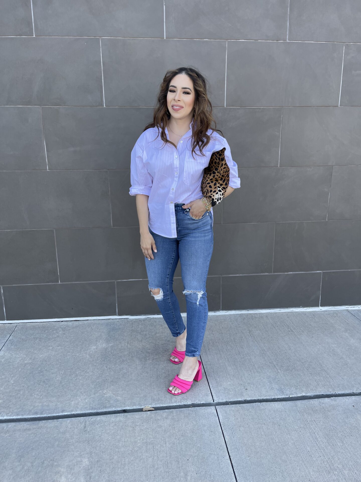 Outfit styled with Bright Pink Mule Sandals